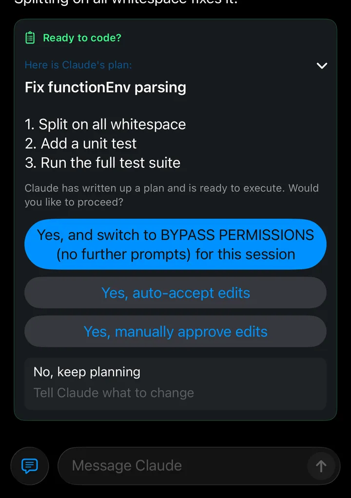 Claude’s plan on the phone, with approval buttons below