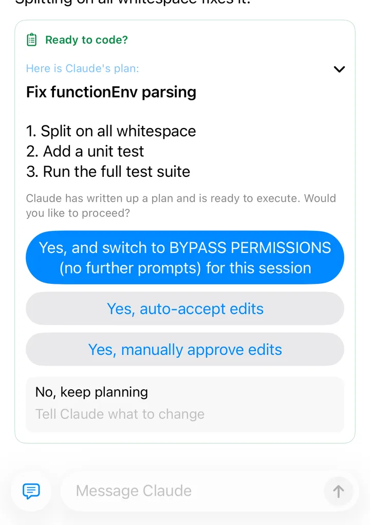 Claude’s plan on the phone, with approval buttons below